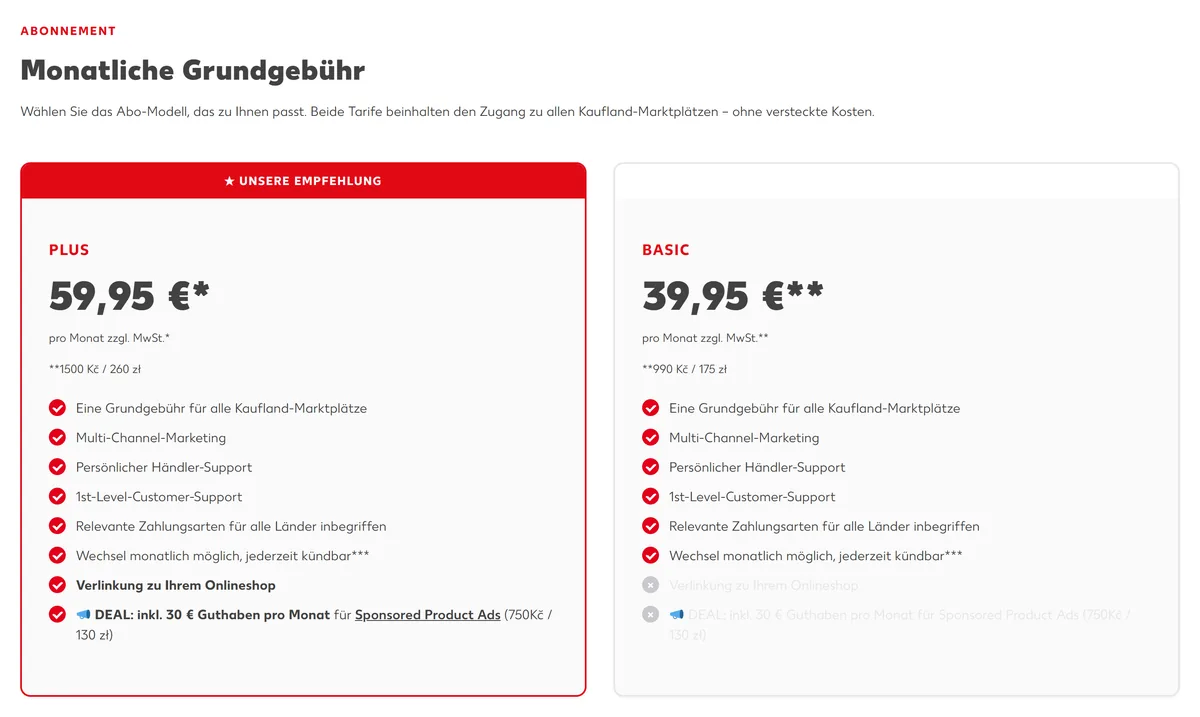 Kaufland Gebühren 2026 - Tarife Plus 59,95 € und Basic 39,95 € auf der Konditionen-Seite