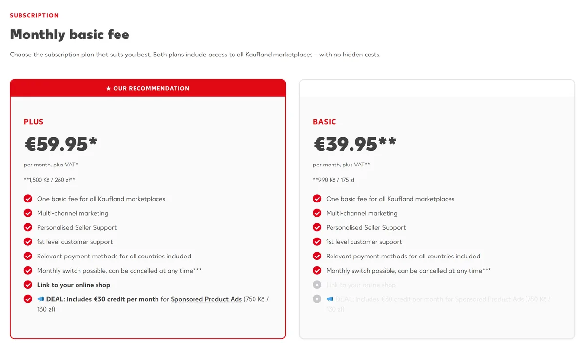 Kaufland fees 2026 - Plus €59.95 and Basic €39.95 subscription plans on the conditions page