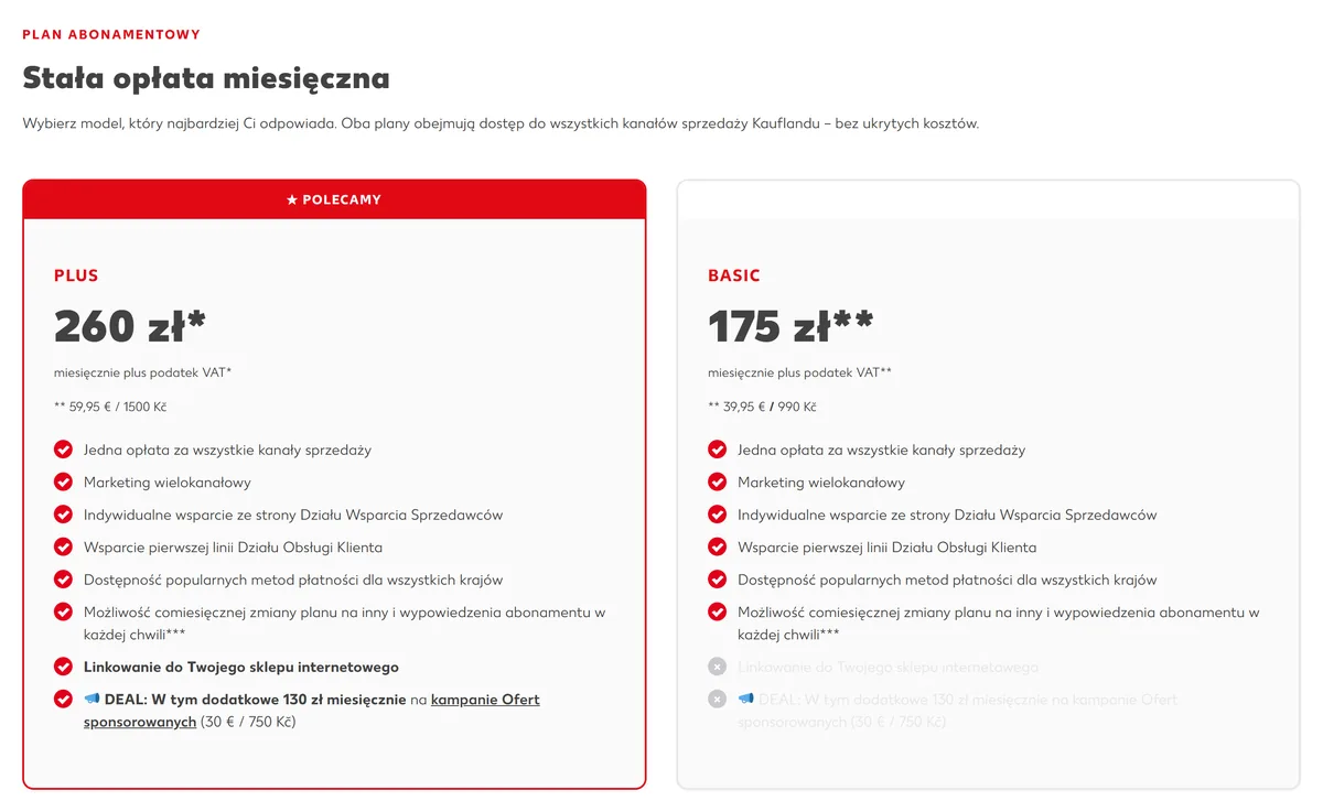 Kaufland Marketplace abonament - pakiety Plus 260 zł i Basic 175 zł na stronie warunków Kauflandu