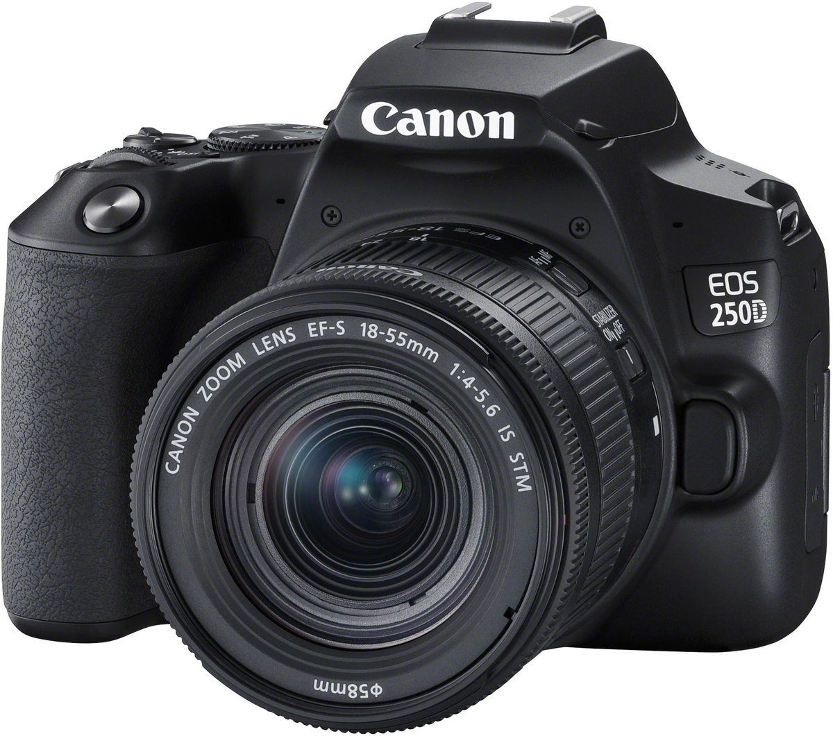 Canon EOS 250D z obiektywem EF-S 18-55 mm IS STM, widok z przodu pod kątem