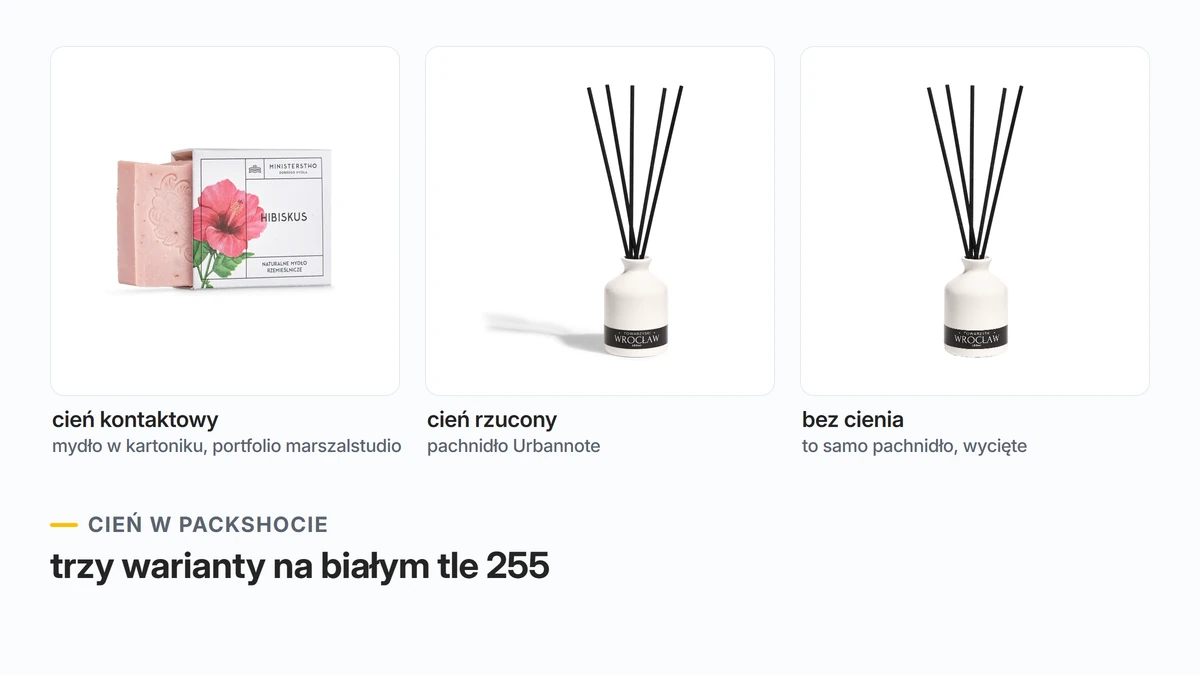 Cień w packshocie: mydło w kartoniku z cieniem kontaktowym, pachnidło z patyczkami z cieniem rzuconym i to samo pachnidło bez cienia, wszystko na białym tle 255