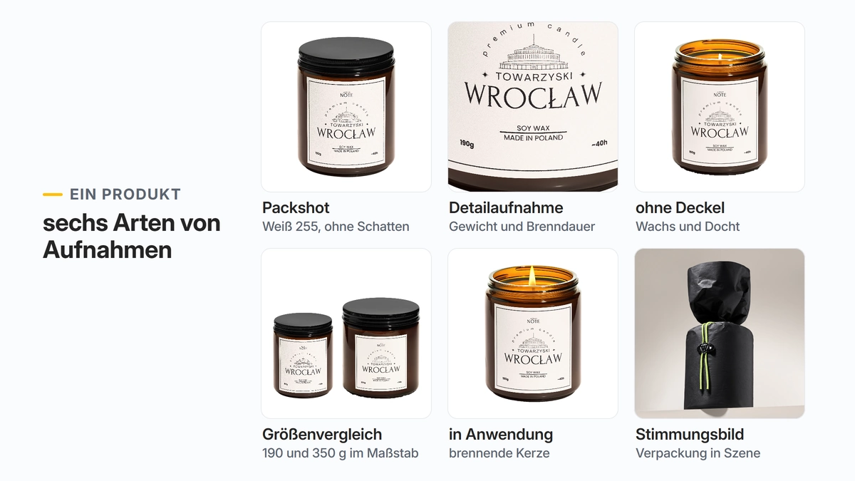 Sechs Aufnahmearten einer Sojawachskerze „Towarzyski Wrocław“: Packshot, Detailaufnahme des Etiketts, ohne Deckel, Größenvergleich 190 und 350 g, brennende Kerze und Stimmungsbild der Verpackung