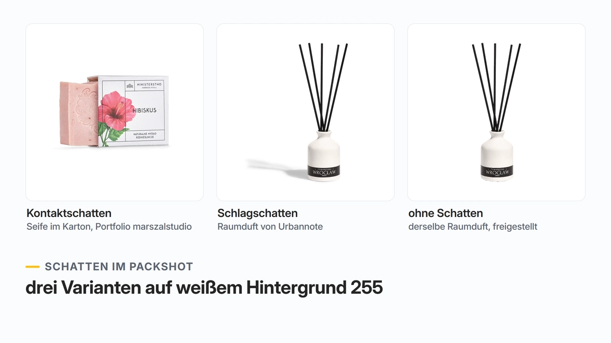 Schatten im Packshot: Seife im Karton mit Kontaktschatten, Raumduft mit Stäbchen mit Schlagschatten und derselbe Raumduft ohne Schatten, alles auf weißem Hintergrund 255