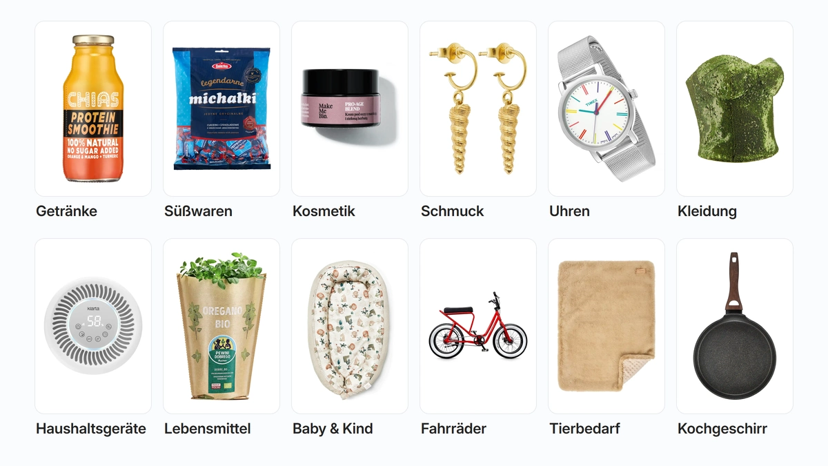 Packshots auf weißem Hintergrund in 12 Kategorien: Getränke, Süßwaren, Kosmetik, Schmuck, Uhren, Kleidung, Haushaltsgeräte, Lebensmittel, Baby & Kind, Fahrräder, Tierbedarf und Kochgeschirr