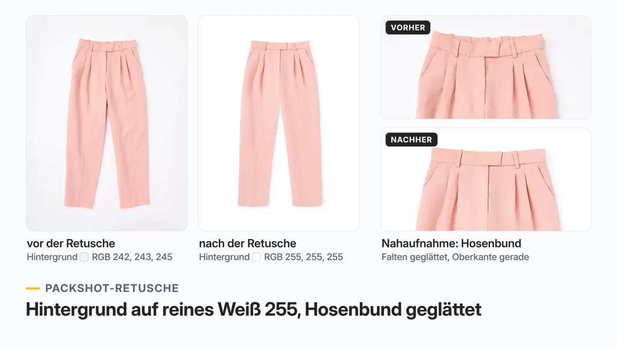Packshot einer Hose vor und nach der Retusche mit Nahaufnahme des Hosenbunds: Hintergrund RGB 242 auf reines Weiß 255 gebracht, Bund geglättet