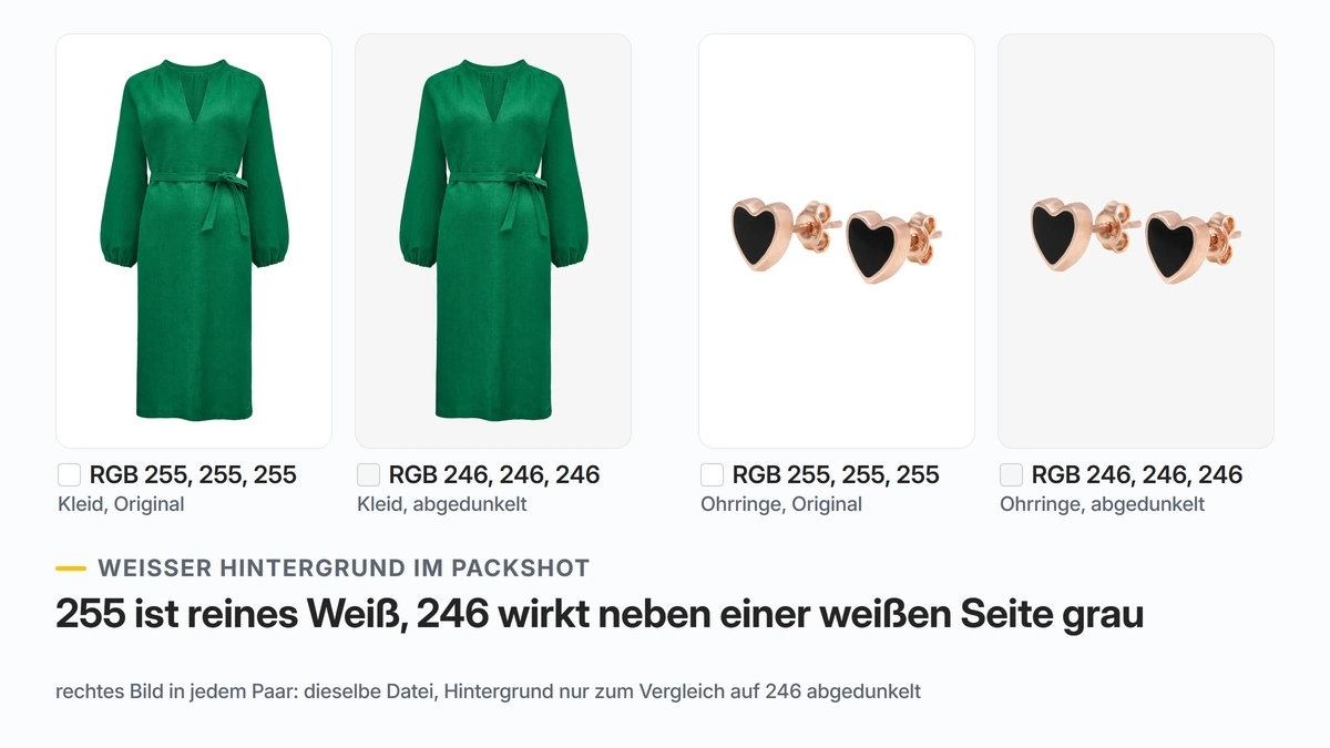 Weißer Hintergrund im Packshot: Kleid und Ohrringe auf Weiß RGB 255, daneben dieselben Bilder mit auf RGB 246 abgedunkeltem Hintergrund