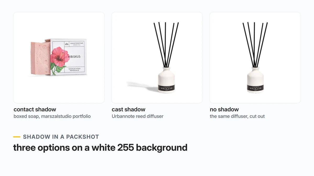 Shadow in a packshot: boxed soap with a contact shadow, a reed diffuser with a cast shadow and the same diffuser with no shadow, all on a white 255 background