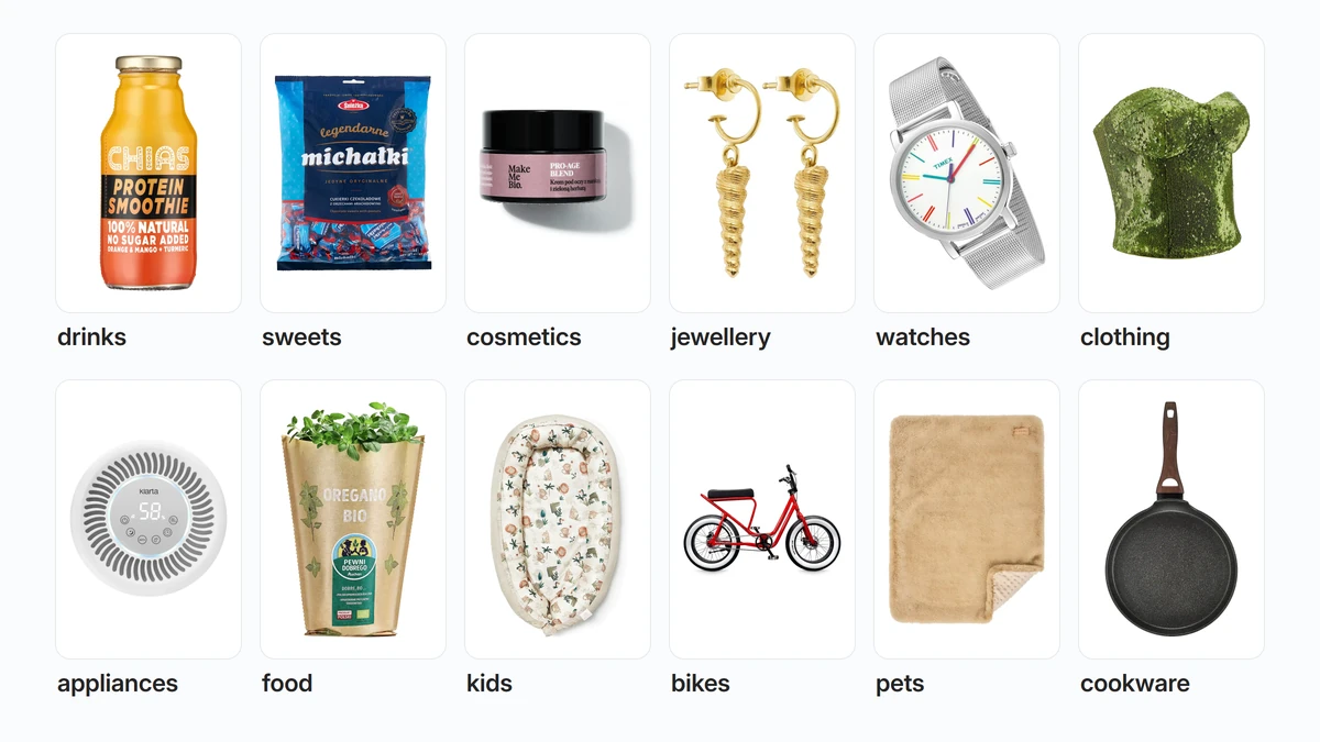 Packshots on a white background in 12 categories: drinks, sweets, cosmetics, jewellery, watches, clothing, home appliances, food, children's products, bikes, pet products and cookware