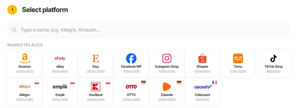 marszalstudio product photo resizer in English: step 1, choose a platform such as Amazon, eBay, Etsy or Kaufland with its image size