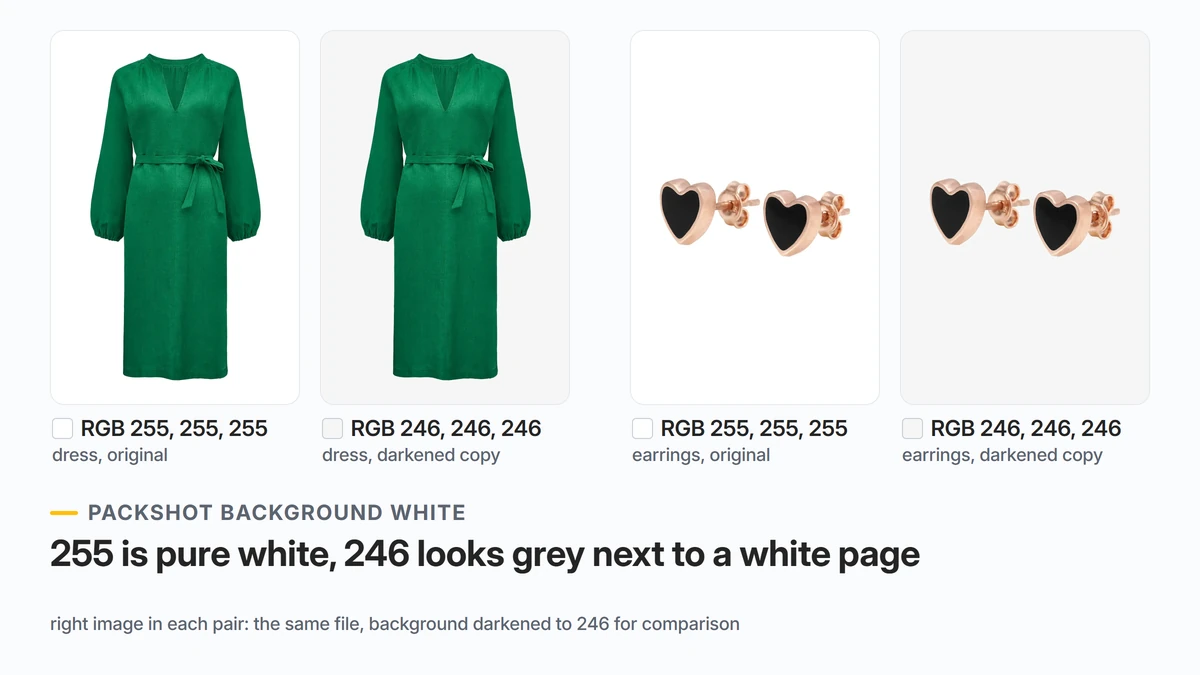 Packshot background white: a dress and earrings on a white RGB 255 background, next to the same photos with the background darkened to RGB 246