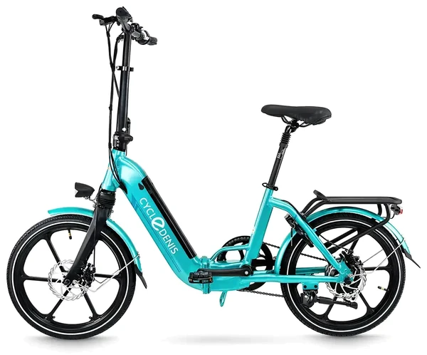 Turquoise folding electric bike on a white background