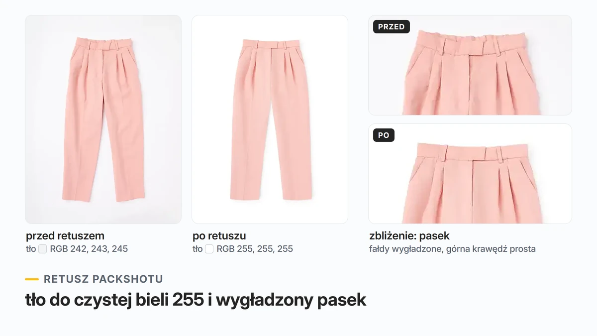 Packshot spodni przed i po retuszu z powiększeniem paska: tło RGB 242 zmienione na czystą biel 255, pasek wygładzony