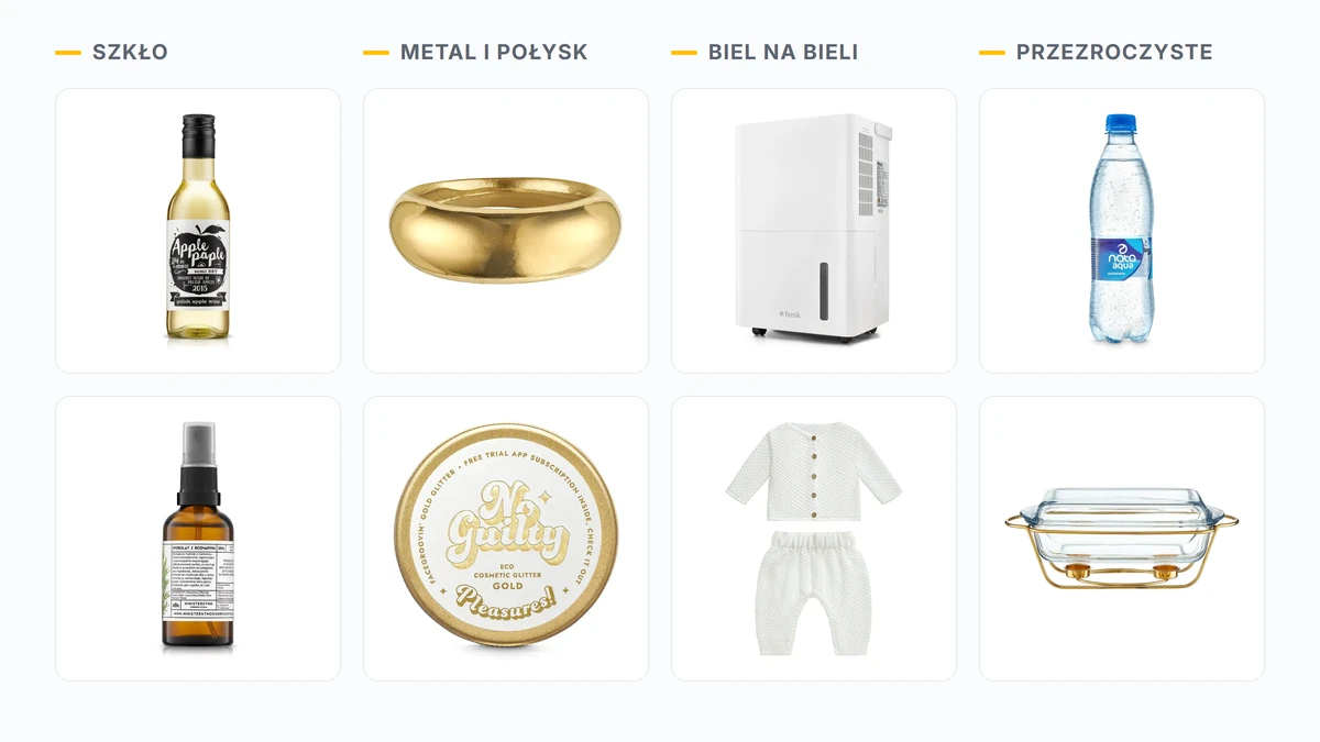 Trudne materiały w packshotach: szkło, metal i połysk, biel na bieli i przezroczyste opakowania na białym tle
