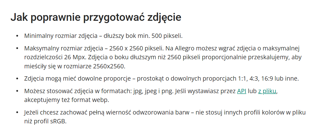 Wymagania Allegro dla zdjęć: dłuższy bok min. 500 pikseli, maksymalnie 2560 × 2560 pikseli i 26 Mpx