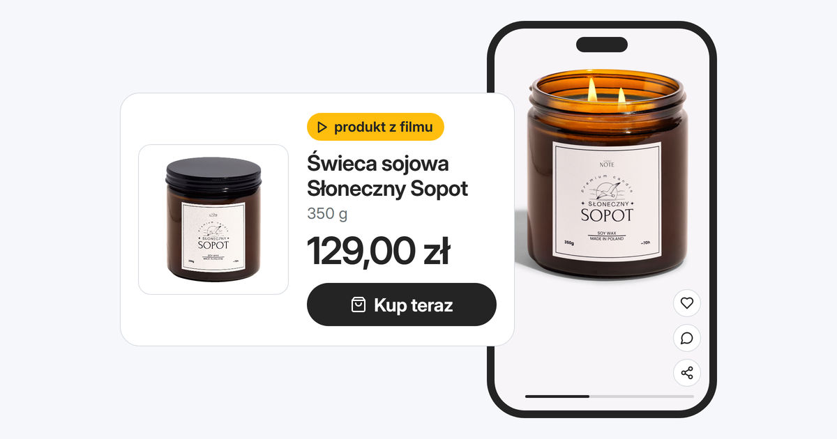TikTok Shop: zapalona świeca sojowa Urbannote w pionowym filmie na telefonie obok karty produktu ze zdjęciem słoika na białym tle i przyciskiem Kup teraz