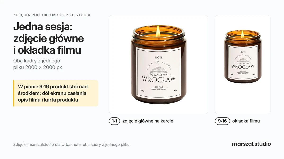 TikTok Shop Polska: świeca Urbannote z jednego zdjęcia studyjnego jako zdjęcie główne 1:1 na bieli i okładka filmu 9:16