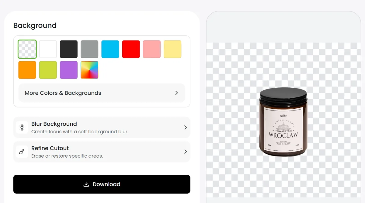 Fotor background remover without an account: product cut out on a transparent background, background colours and a Download button