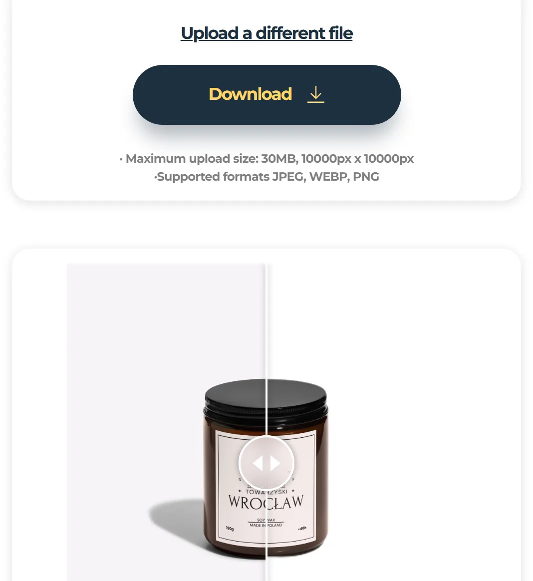 Free online background removal in PhotoAiD: the Download button and the 30 MB file limit