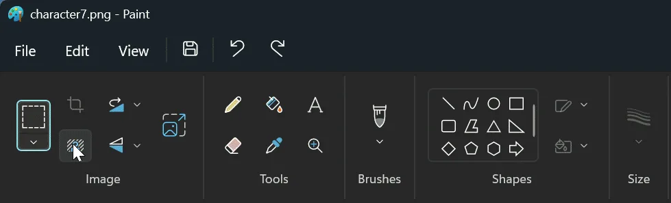 Usuwanie tła w Paincie: przycisk usuwania tła na pasku narzędzi Windows 11, w grupie Obraz (Image)