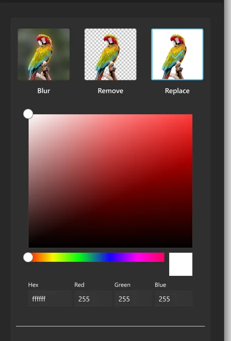Zamiana tła na białe w aplikacji Zdjęcia Windows 11: pola RGB 255, 255, 255 i opcja Zamień