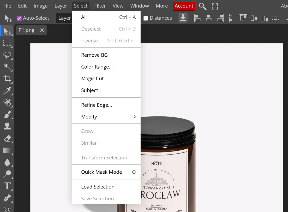 Usuwanie tła w Photopea: menu Select z poleceniem Remove BG