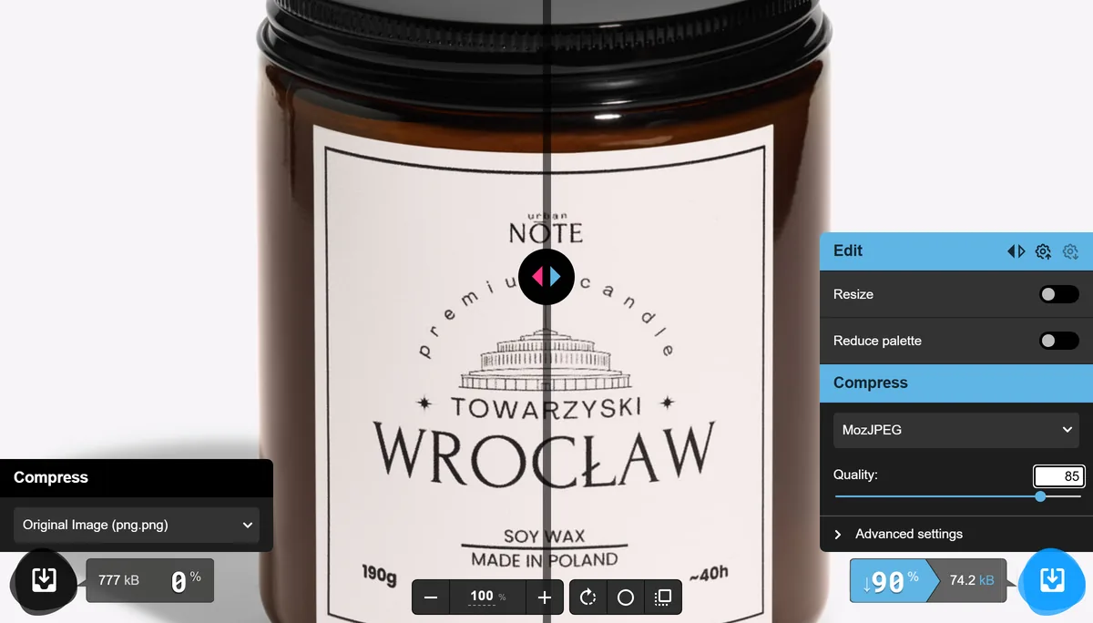 Squoosh with the candle packshot: the original PNG of 777 kB on the left, the MozJPEG encoder at quality 85 on the right with a result of 74.2 kB, 90% less