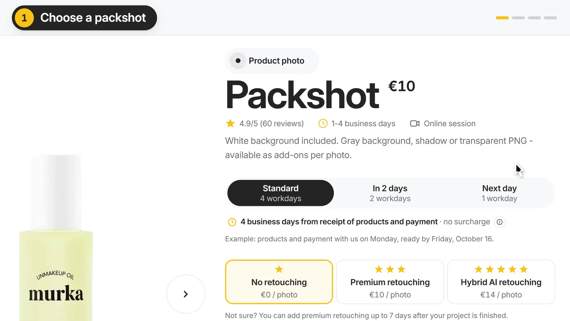 Packshot configurator in the marszalstudio app: white background included in the price, from €9 per photo
